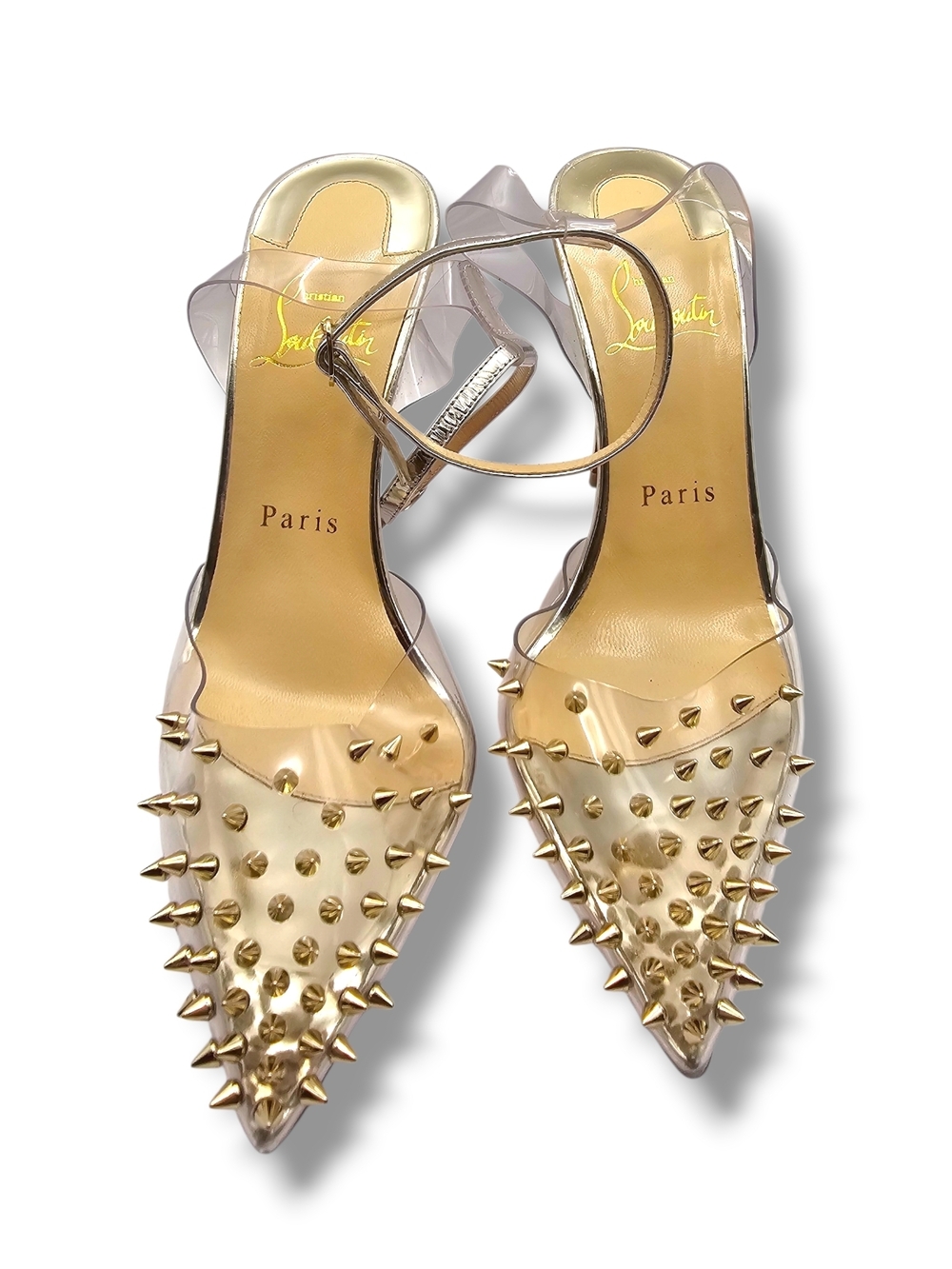 Christian Louboutin Clear PVC Pointed Spike Ankle-Strap Flats in Gold